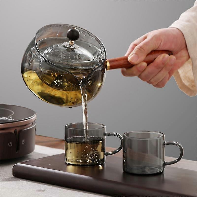 Glass Teapot With Infuser 360-Degree Gongfu Style 500ML Japanese Flower Petal Gray With Wooden Handle Model 00000007