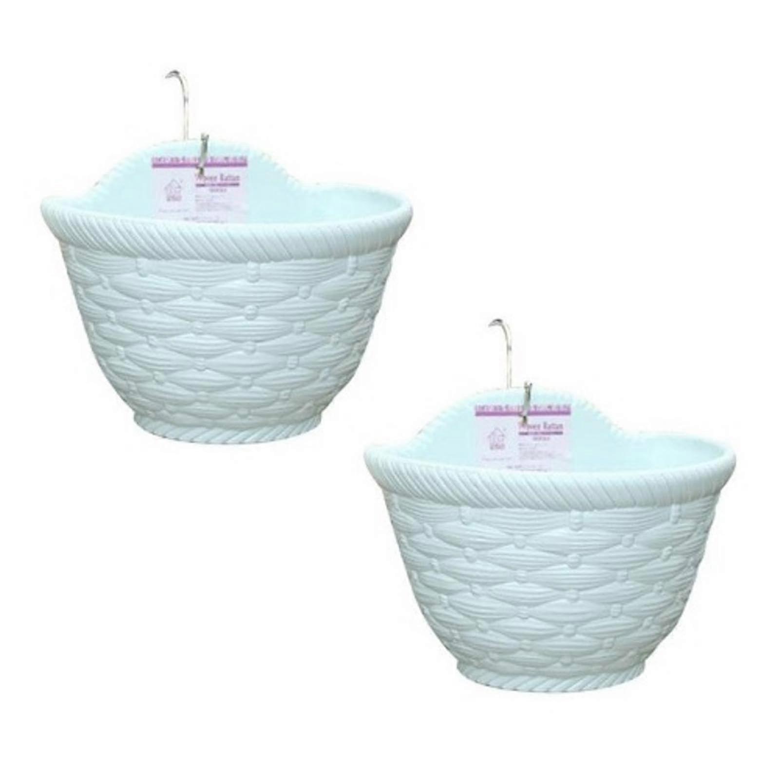 Pack of 2 Rattan Hanging Planters, Semicircular Railing Flower Pots for Balcony, Patio, Fence - Light Blue
