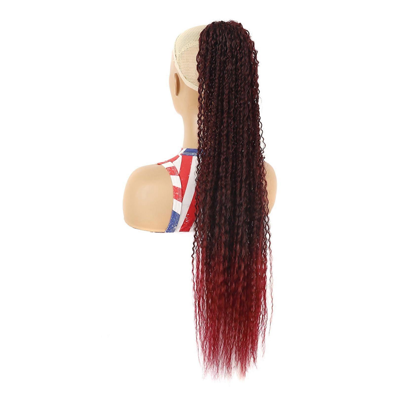 32 Inch Long Curly Drawstring Ponytail Extension Wavy Synthetic Hair Clip In Hair Piece Brown to Wine Red for Women