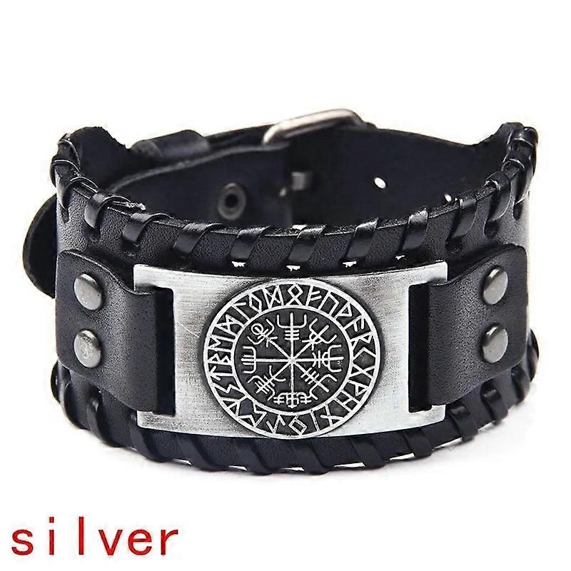 Retro Wide Leather Pirate Compass Mens Bracelet Celtic Viking Jewelry
