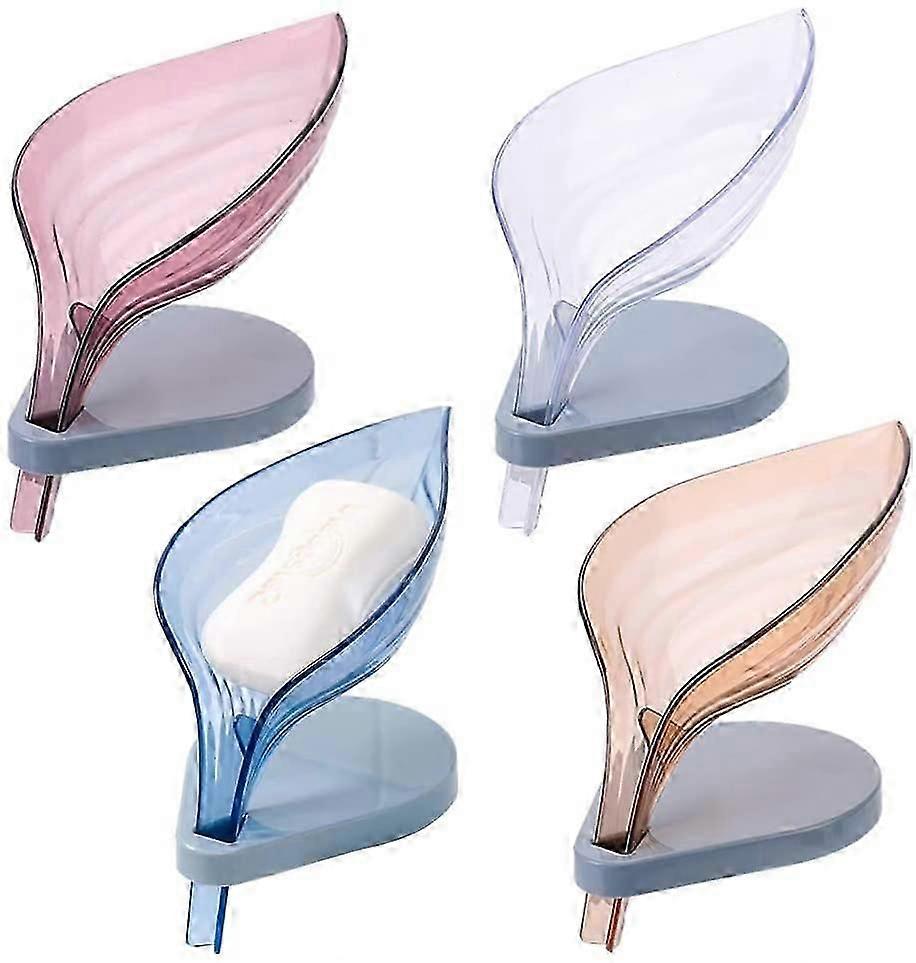4 Pcs Leaf Shape Soap Holder,Self Draining Soap Dish With with Suction Cups,Decorative Soap Box