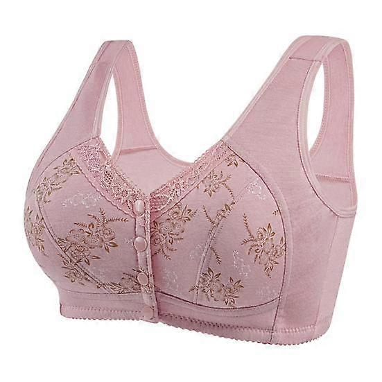 Mid-aged Women Bra Elastic Front Button Closure Plus Size Floral Lace Printing Shockproof Push-up Anti-snagging Wireless Mother Daily Brar