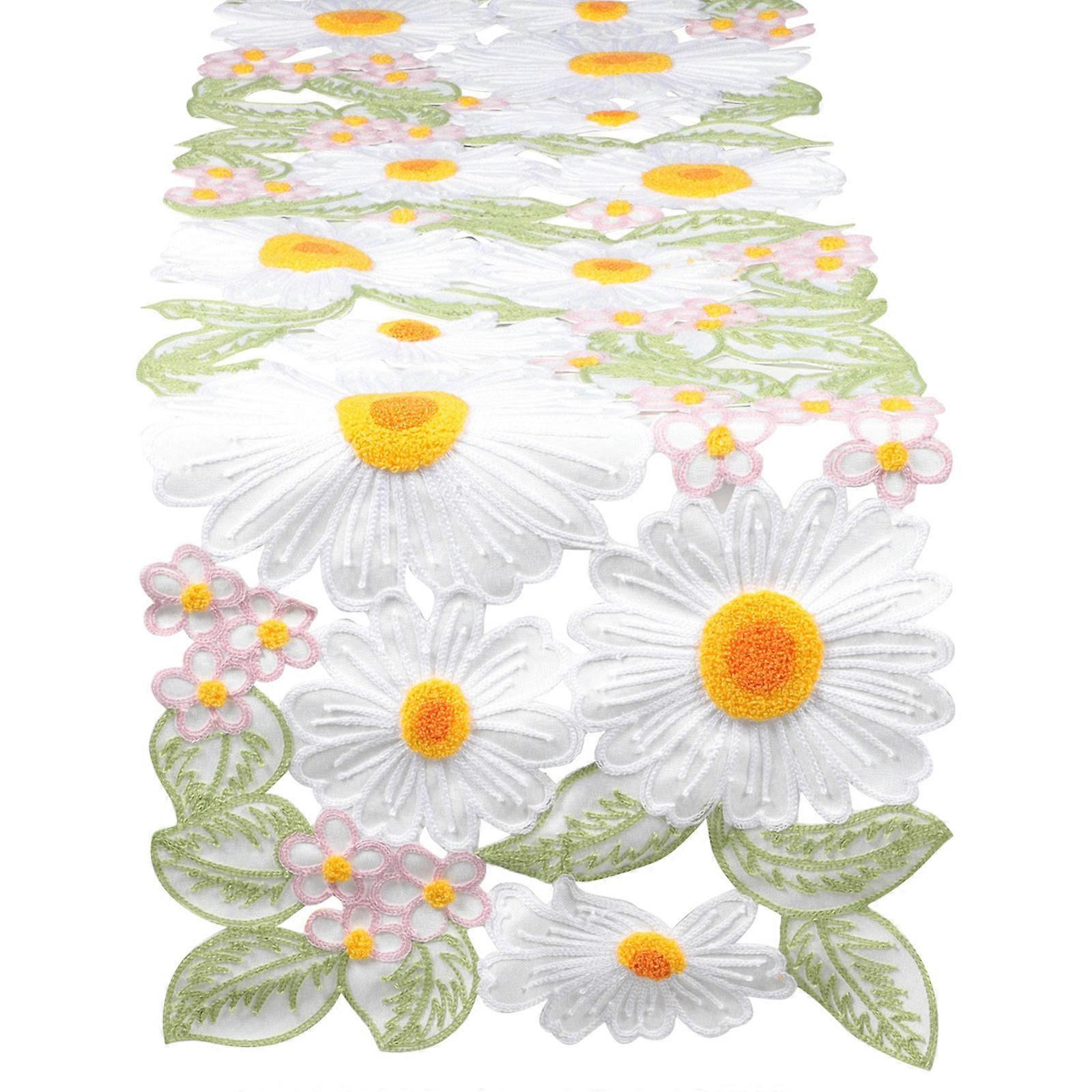 Rustic Floral Embroidered Table Runner Dinning Table Decoration White 148x38CM Perfect For Wedding 1Pack