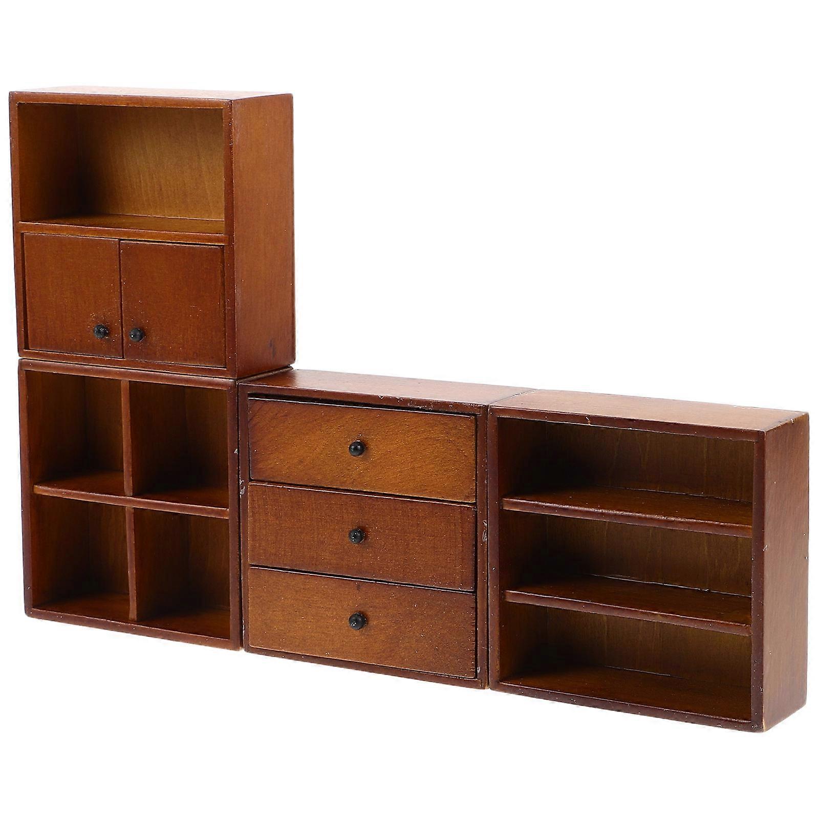 4pcs Mini Walnut Wood Dollhouse Furniture Set – Realistic Display Cabinet, Bookshelf & Wardrobe Models for Micro Landscape, Educational DIY Assembly
