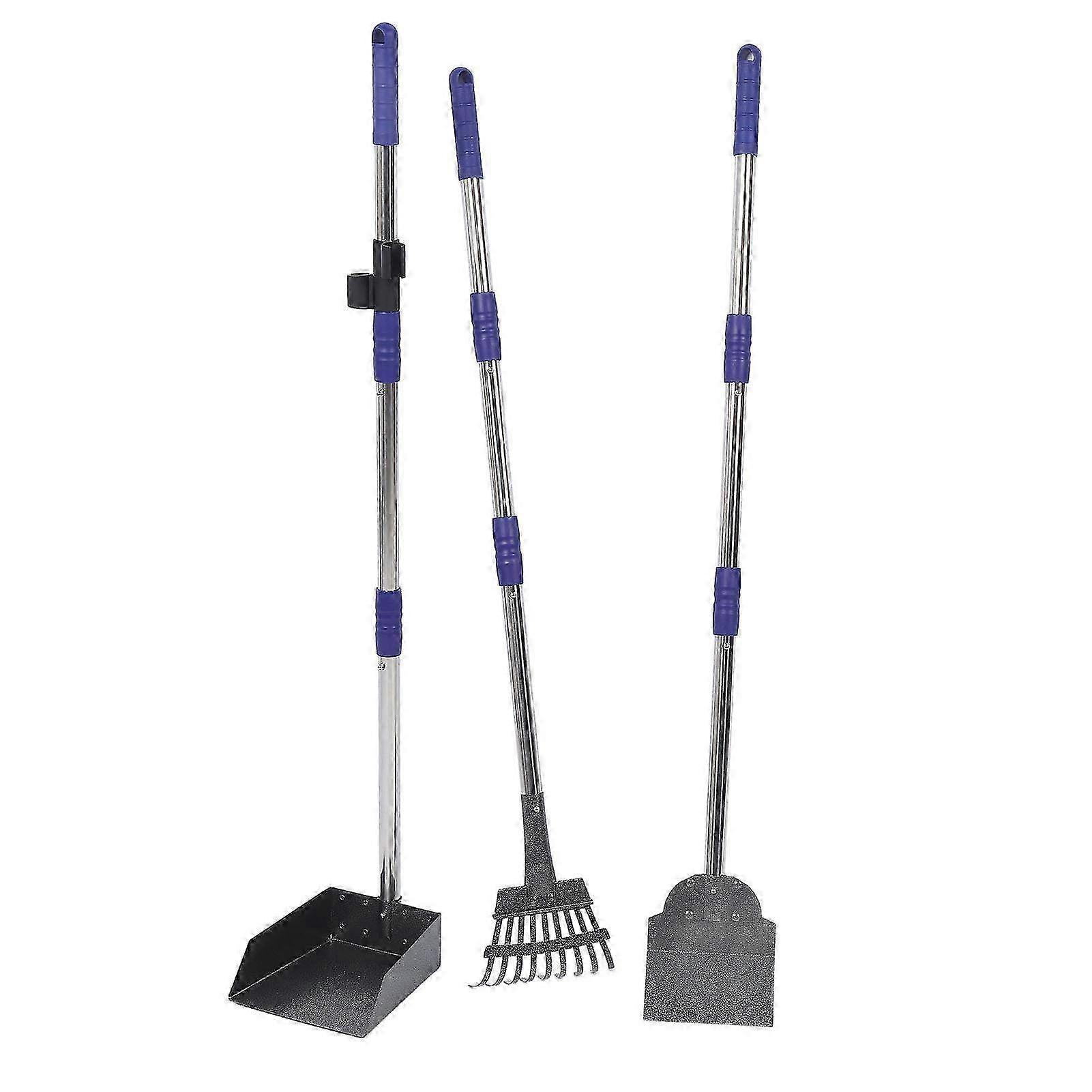 Adjustable Dog Pooper Scooper Set with Long Handle Tray & Rake Shovel - Portable Pet Waste Removal Tool for Easy Maintenance in Blue