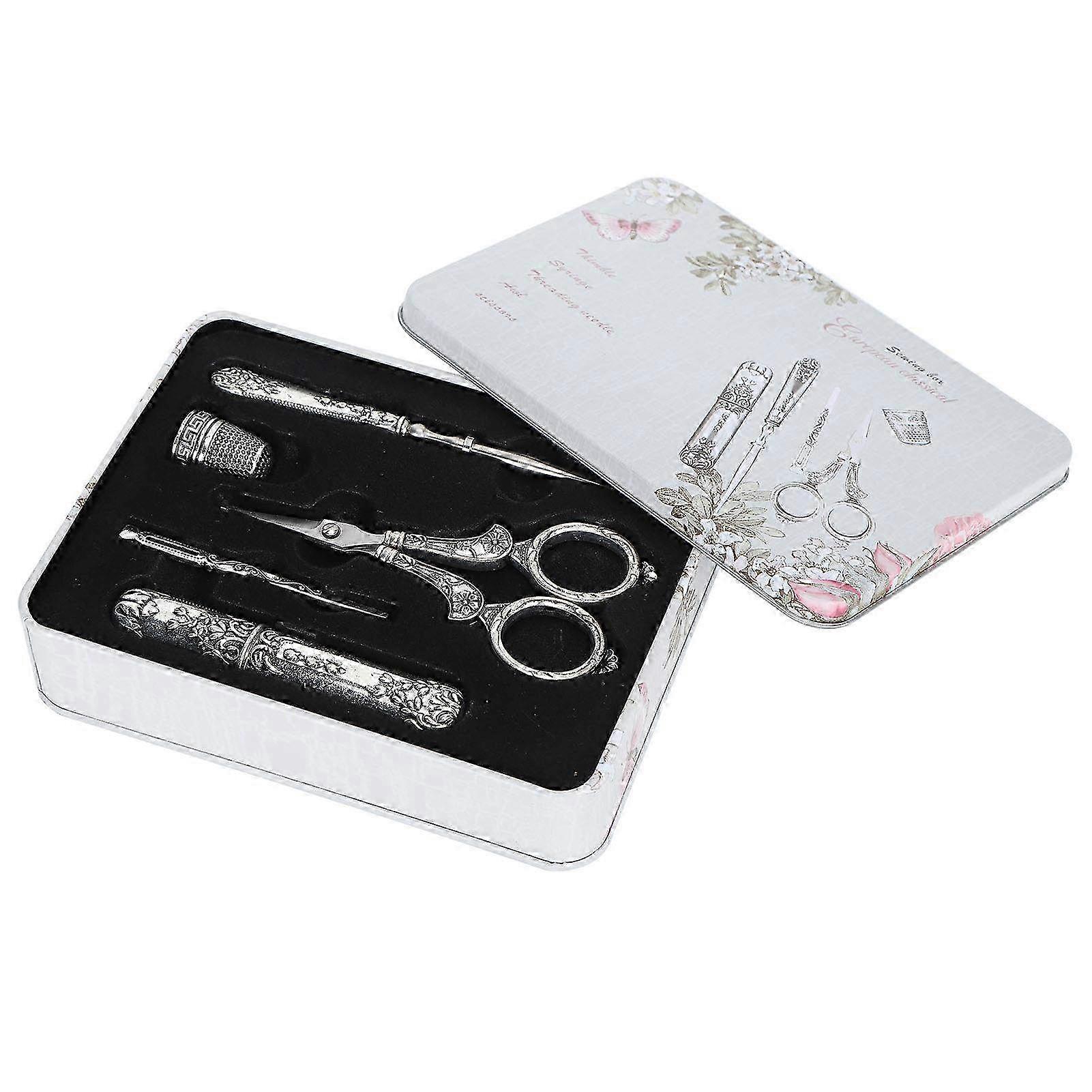 Retro Sewing Scissors Set with Silver Threading Needle & Thimble - Complete Household Cutting Tools Boxed for Crafting & DIY Projects