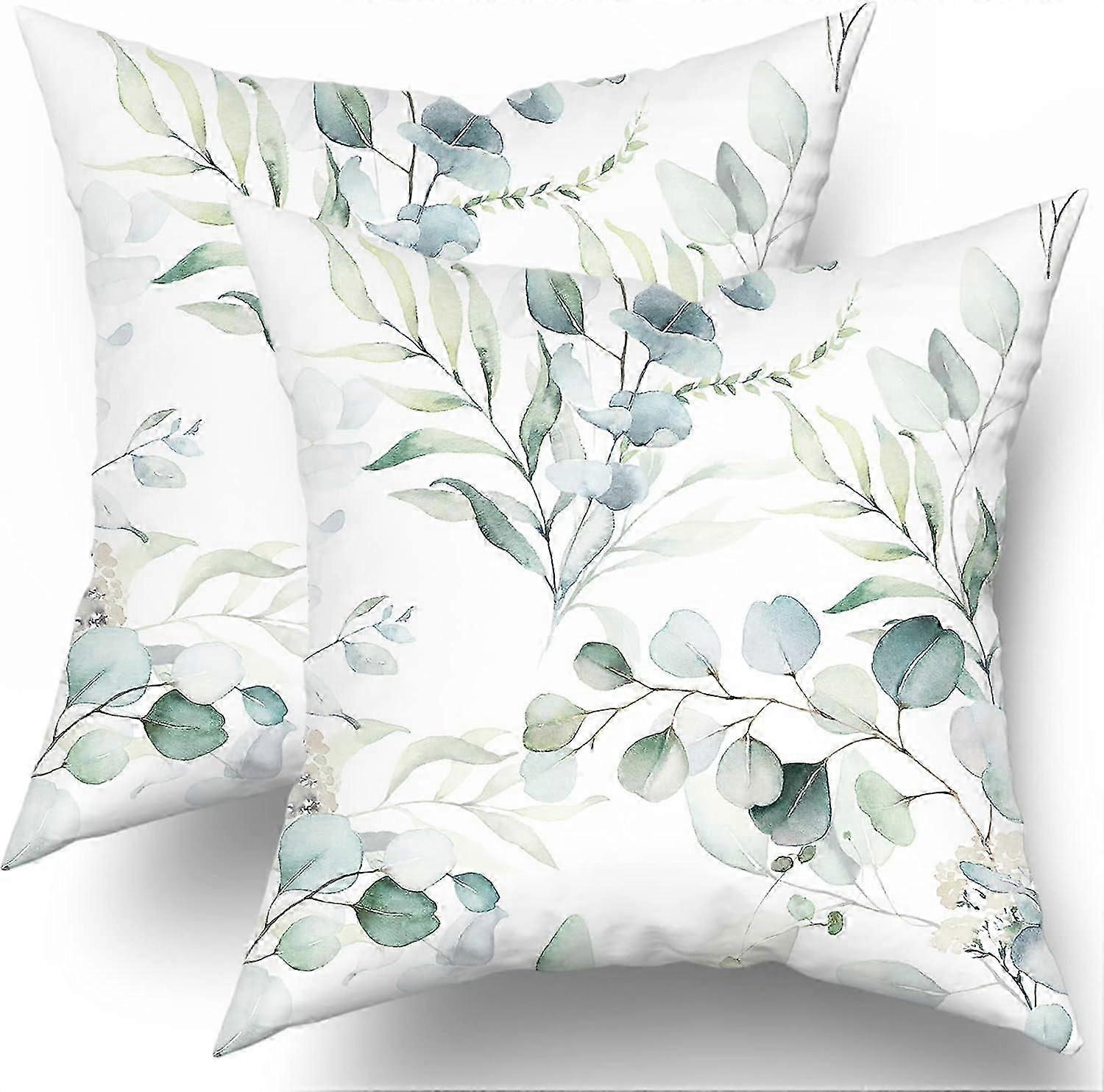 Spring Sage Green Leaf Pillow Covers 18x18 Set Of 2, Eucalyptus Floral Watercolor Pillow Cushion Cases, Gray Seafoam Leaves Print Modern Throw Pillows