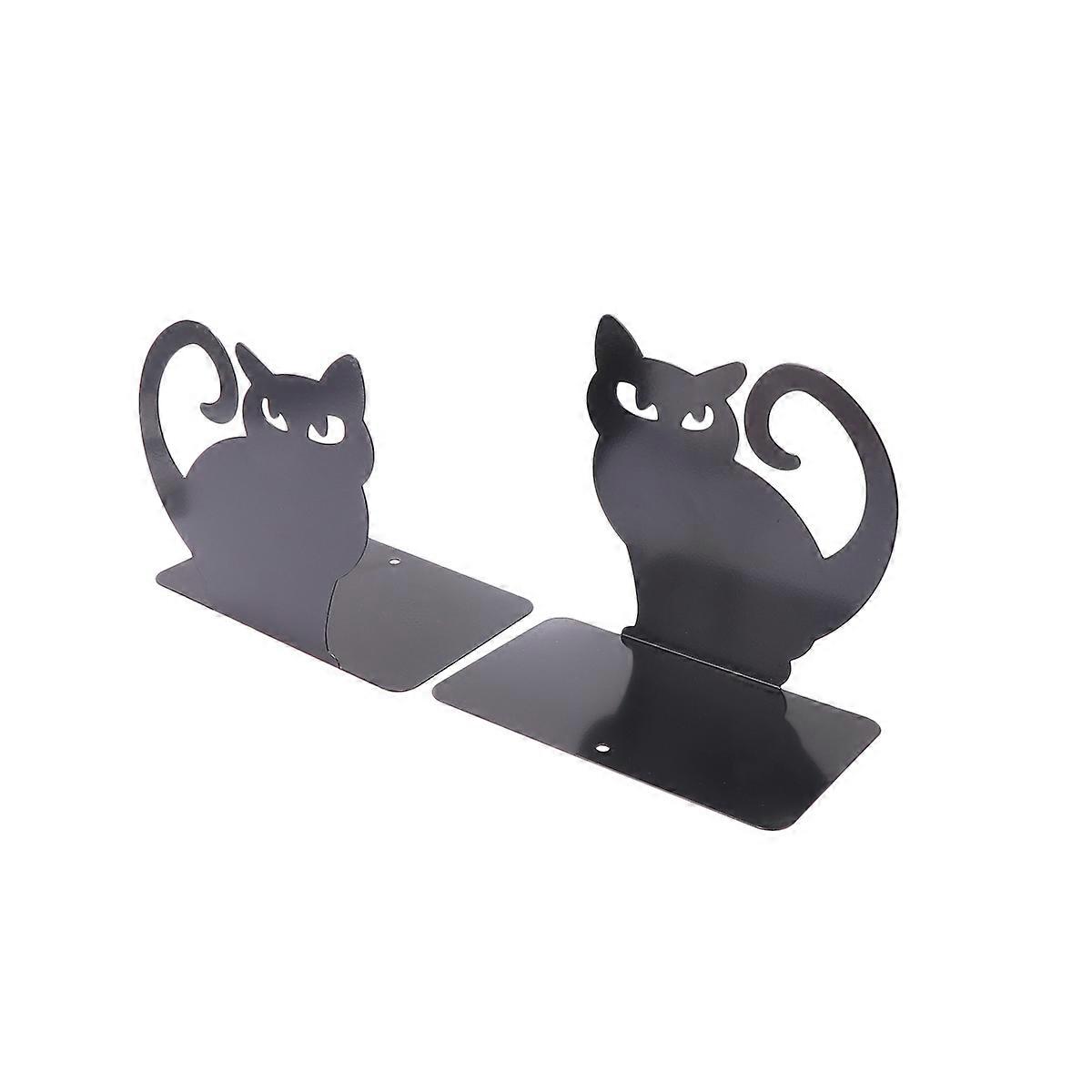 Artistic Cat Bookend Frame for Book Organization Black Metal 2Pcs