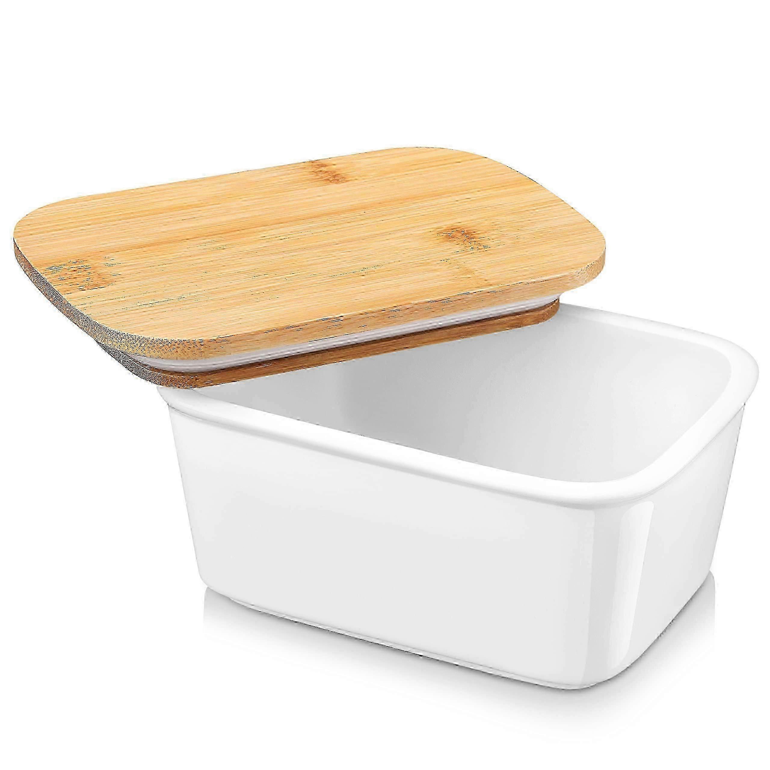 Butter Dish, Porcelain Butter Container with Wooden Bamboo Lid
