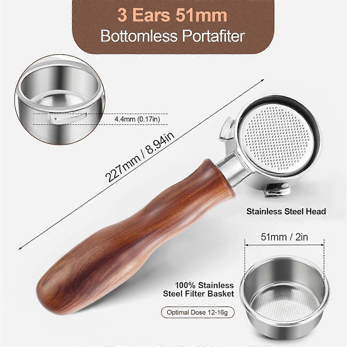 51mm Bottomless Portafilter with Puck Screen, 3 Ears Stainless Steel Professional Espresso Portafilter