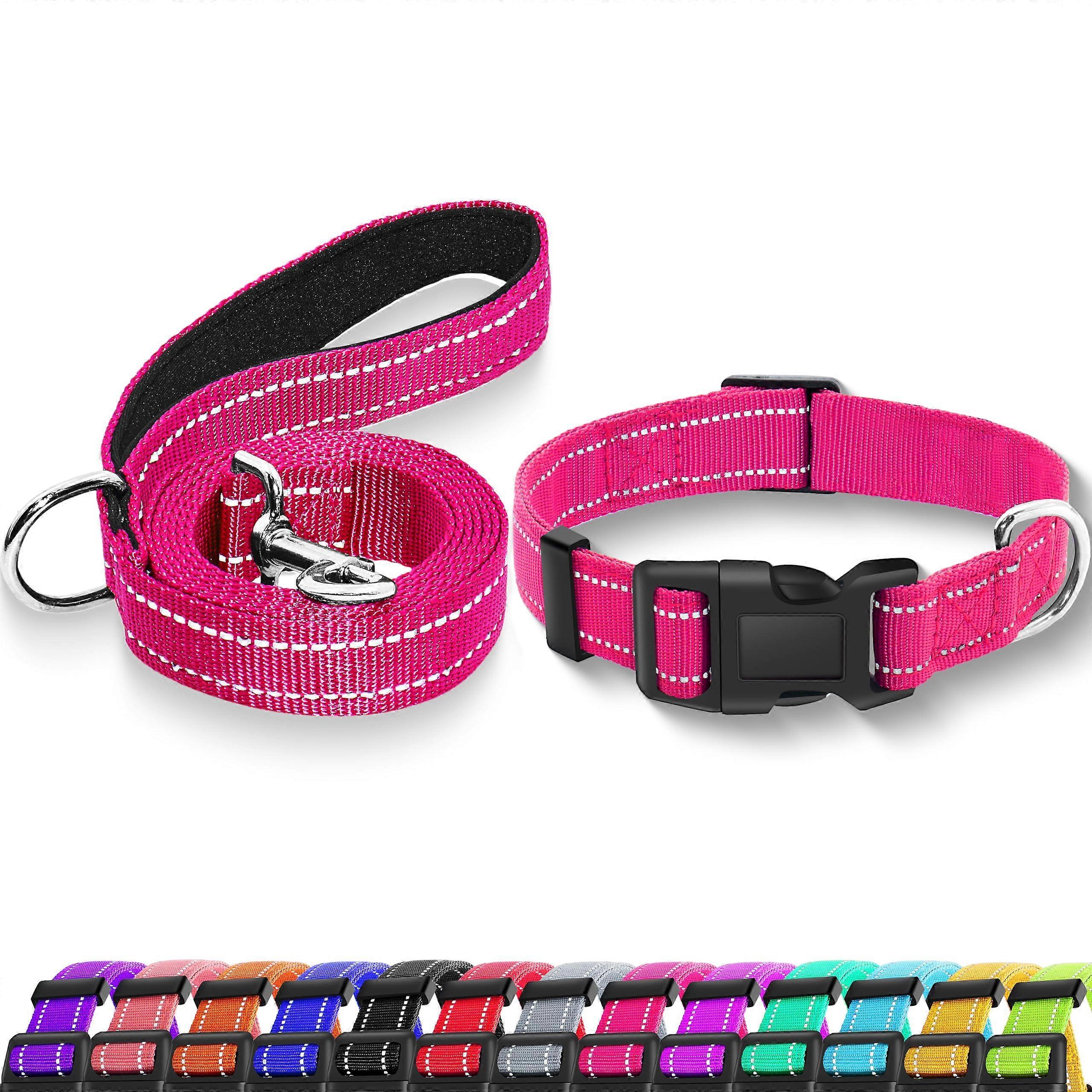 Reflective Dog Collar with Safety Locking Buckle, Adjustable Nylon, Sizes S M L, Color Hotpink, Collar and Leash Set