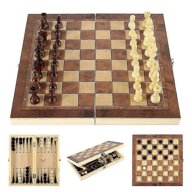 Luxora 3 IN 1 Wooden International Chess Set Backgammon Board Games Checkers Puzzle Game Folding Chessboard