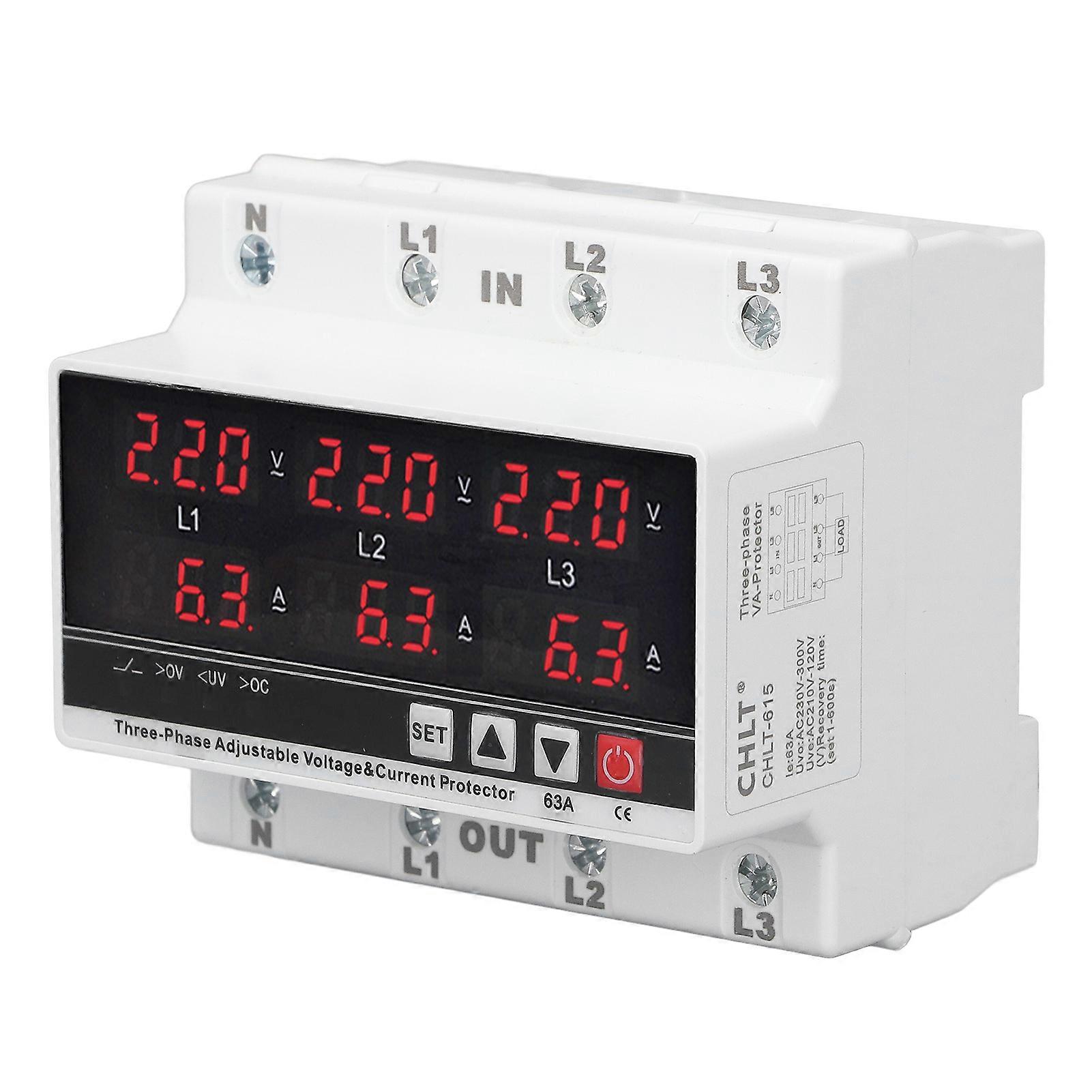 Undervoltage Protector, Adjustable Overcurrent Protector DIN Rail Mount, AC 120V-300V, 63A, 3 Phase, 3 Wire, 4 Wire
