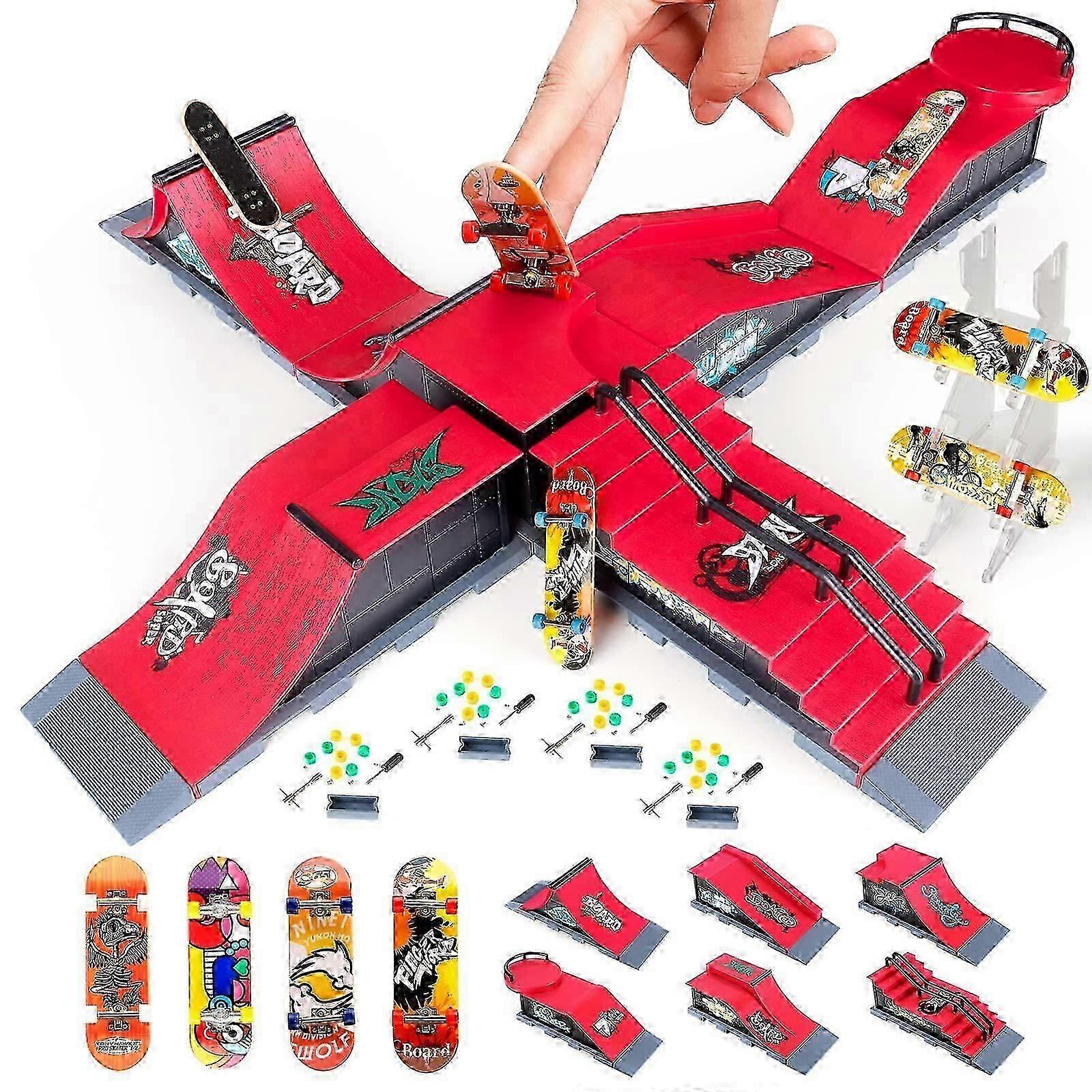 6 Pieces Mini Finger Skateboard and Ramp Accessory Set, DIY Funny Desktop Skate Park Board Game Toy for Kids and Children (6-in-1)