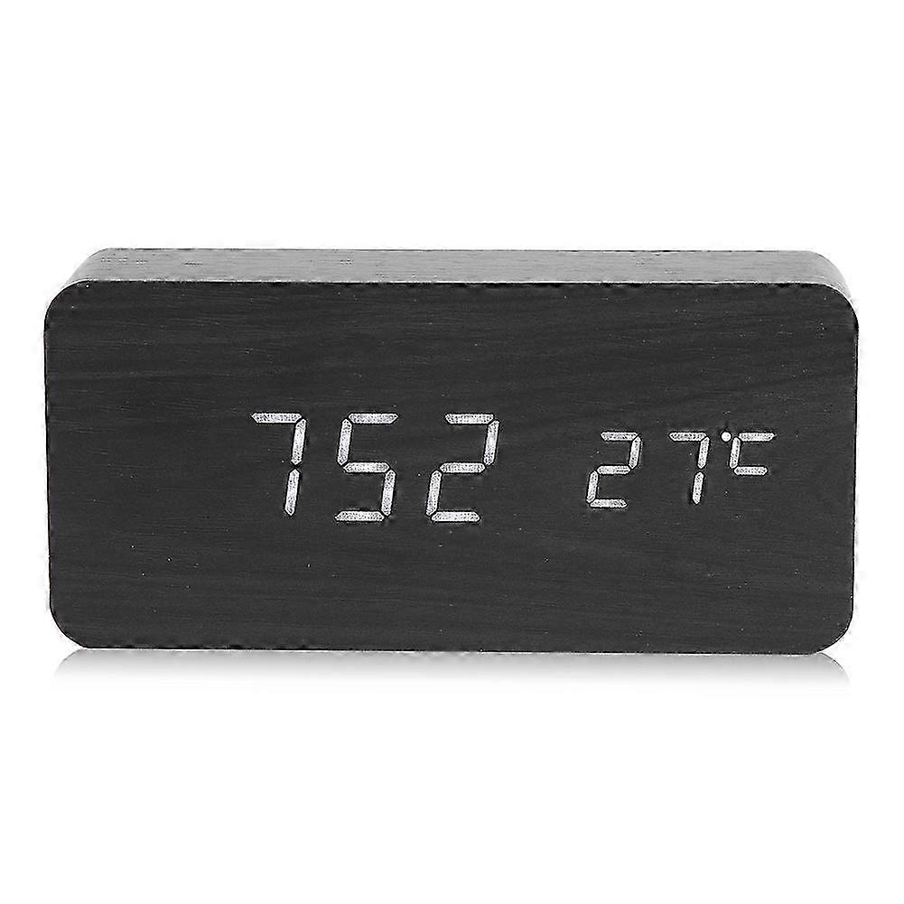 Wooden Clock LED Display Digital Alarm Clock Voice Control Temperature Calendar (Black) 2025