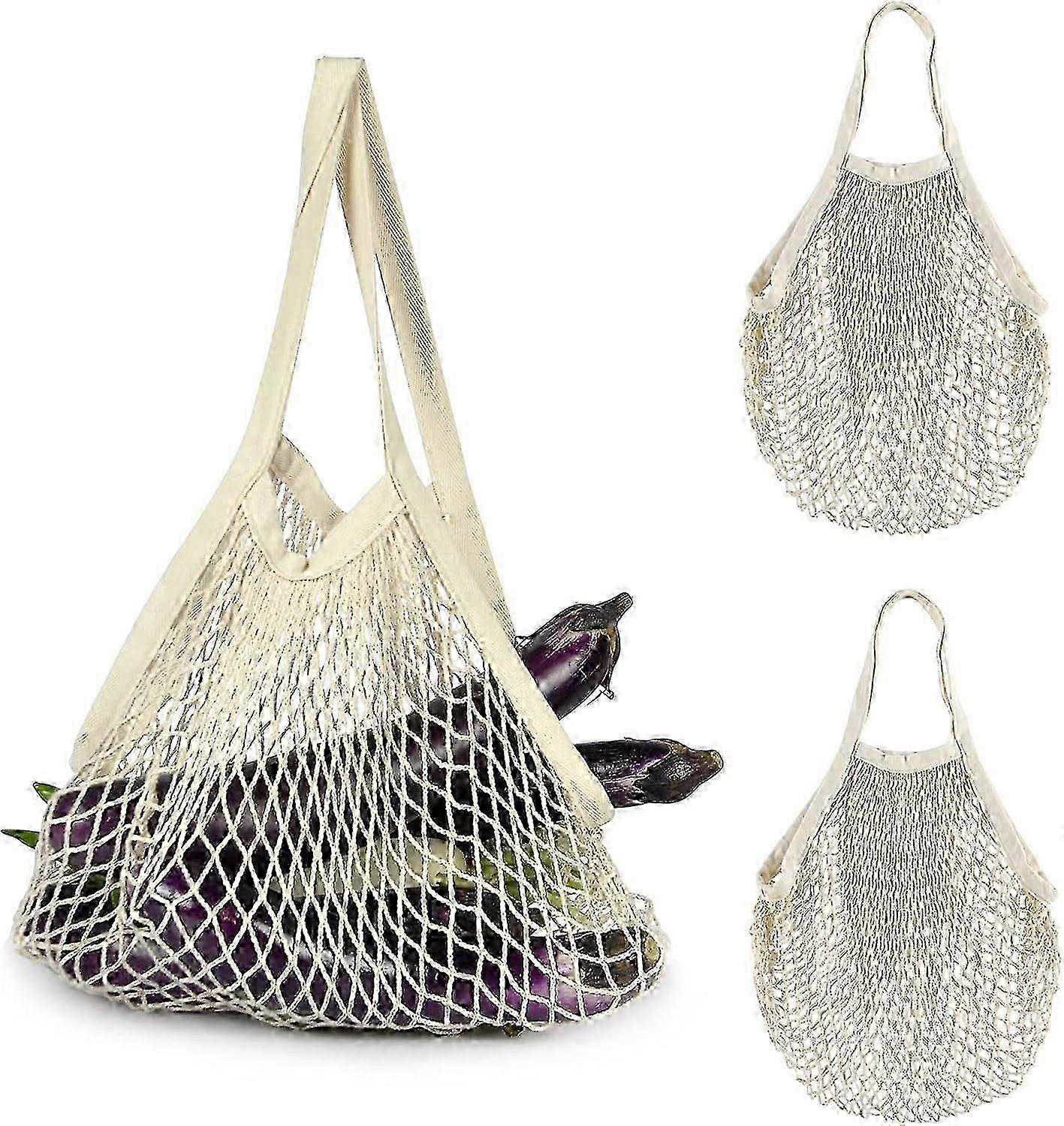 Reusable Grocery Mesh Bag, Portable And Washable Long Handle Cotton String Shopping Bag, Cotton Reusable Mesh Production Mesh Tote Bag Set For Fruit A