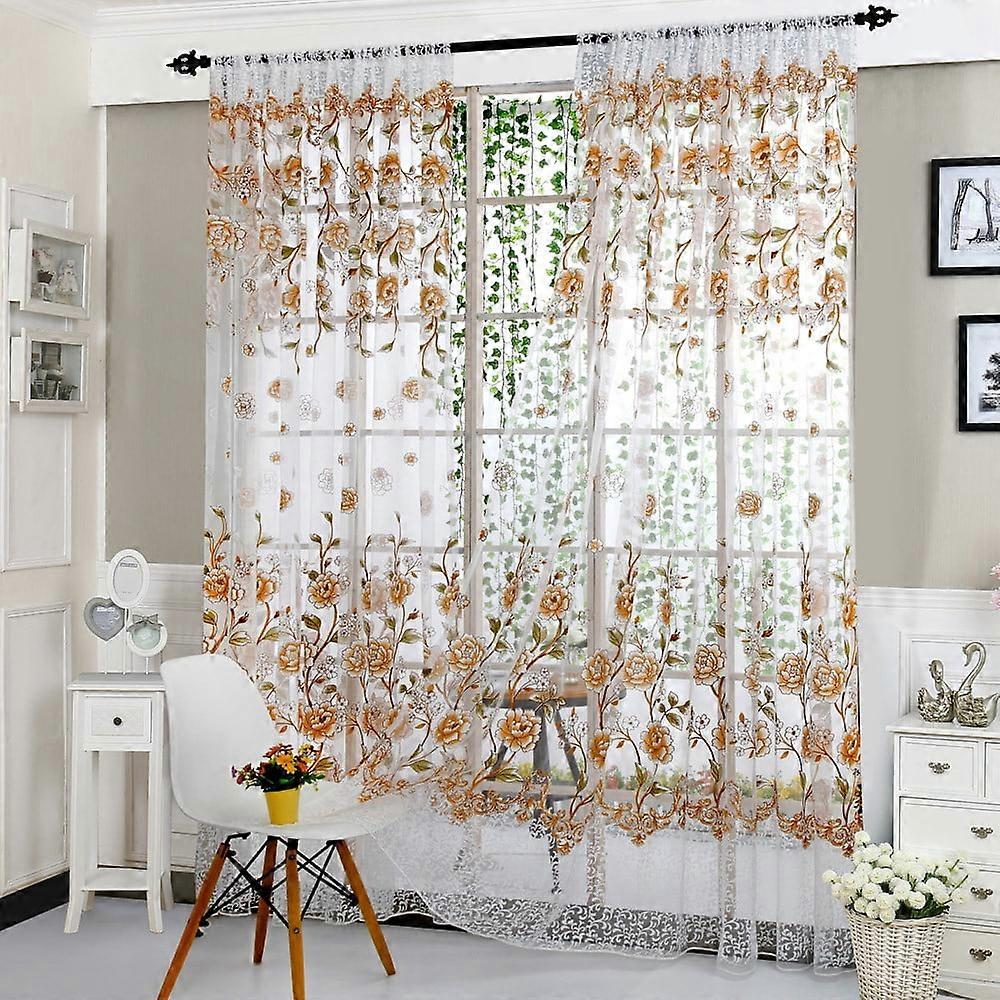 Sheer voile window panel curtain, peony print, double-sided, 32 inches long, for home decor, dorm, compatible with standard rods