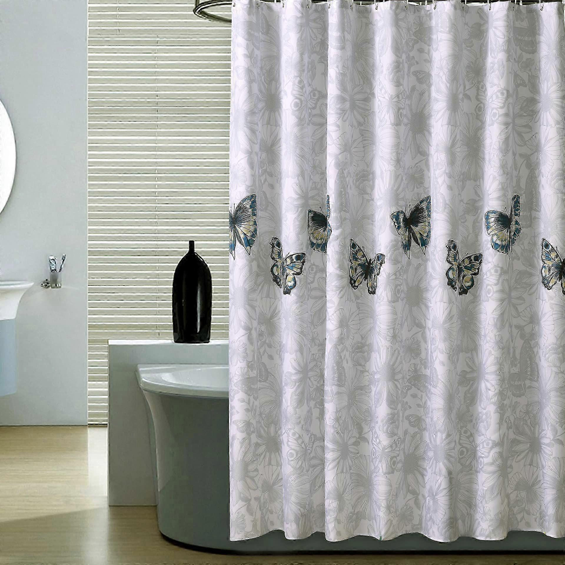 25-26 Waterproof and mildew-resistant polyester fabric shower curtain with butterfly design, with hooks, washable and weighted hem.