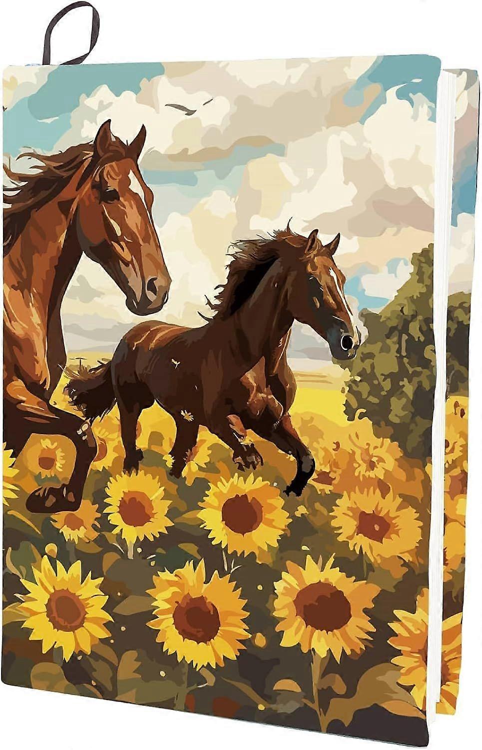 Horse Stretchable Book Cover Sunflower Washable Reusable Large Nylon Book Protector Elastic Notebook Wraps Suitable for Hardcover Books Classroom Stud