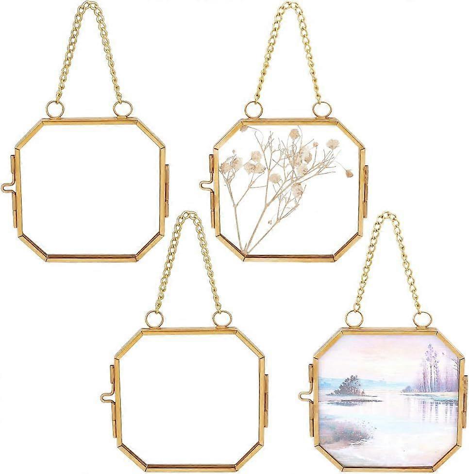 4pcs Double Glass Picture Frame 3 Inch Mini Hanging Glass Frame Wall Hanging Photo Frames with Chain DIY Vintage Artwork Display Frames for Pressed Fl