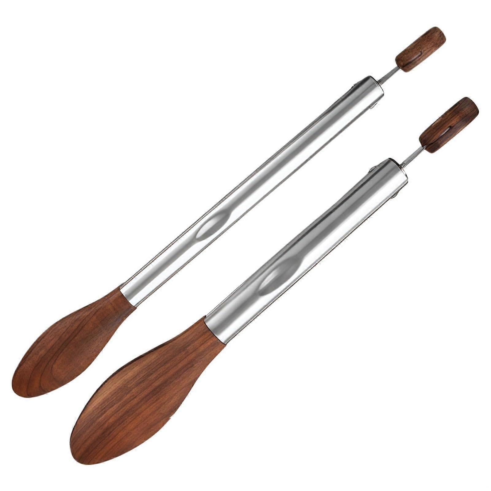 Set of 2 Walnut Wood and Stainless Steel Cooking Tongs, Heat Resistant BBQ Kitchen Tool, Non‑Slip Grip