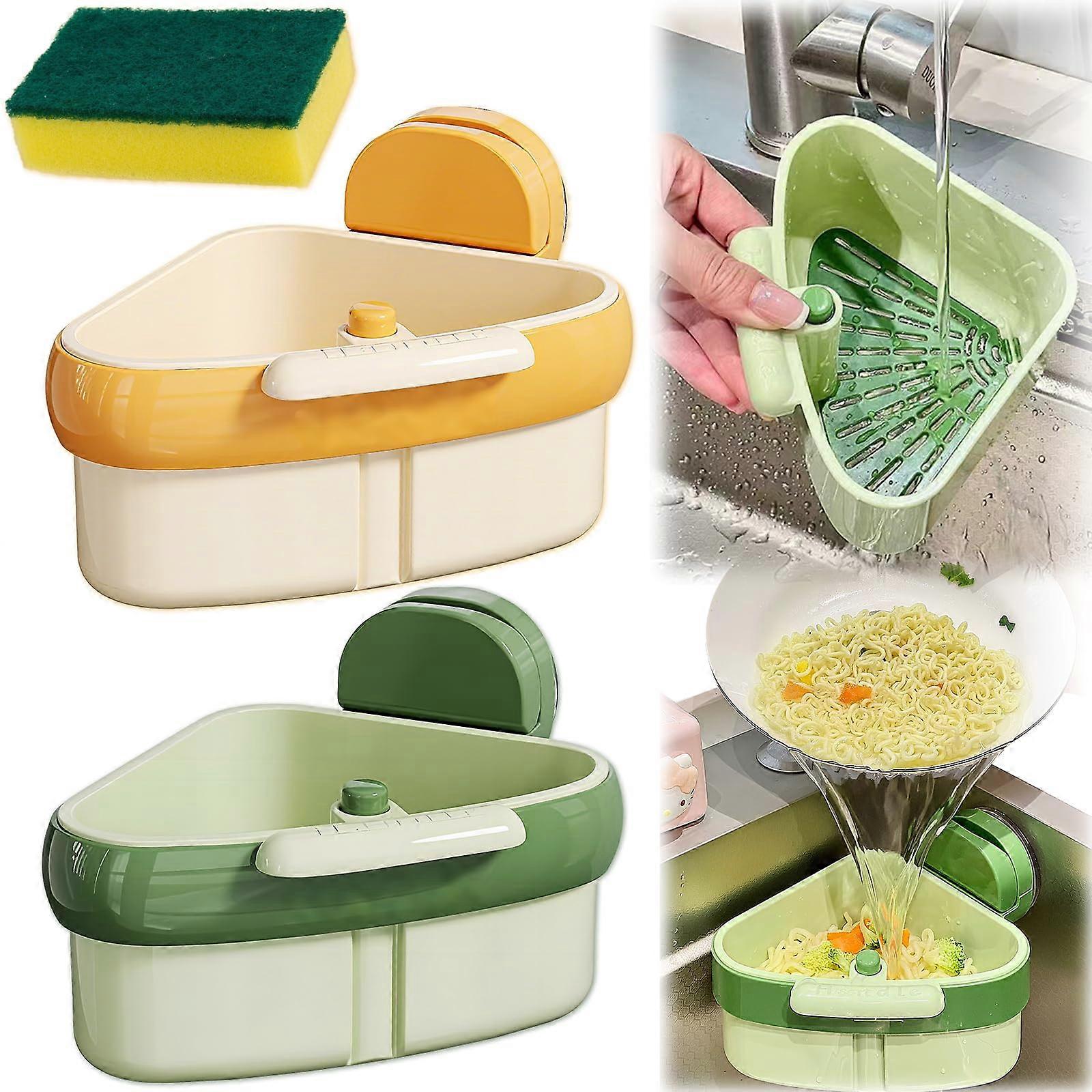 2PCS Sink Corner Strainer Basket with OnePress Waste Disposal and Upgraded Suction Cup Holder