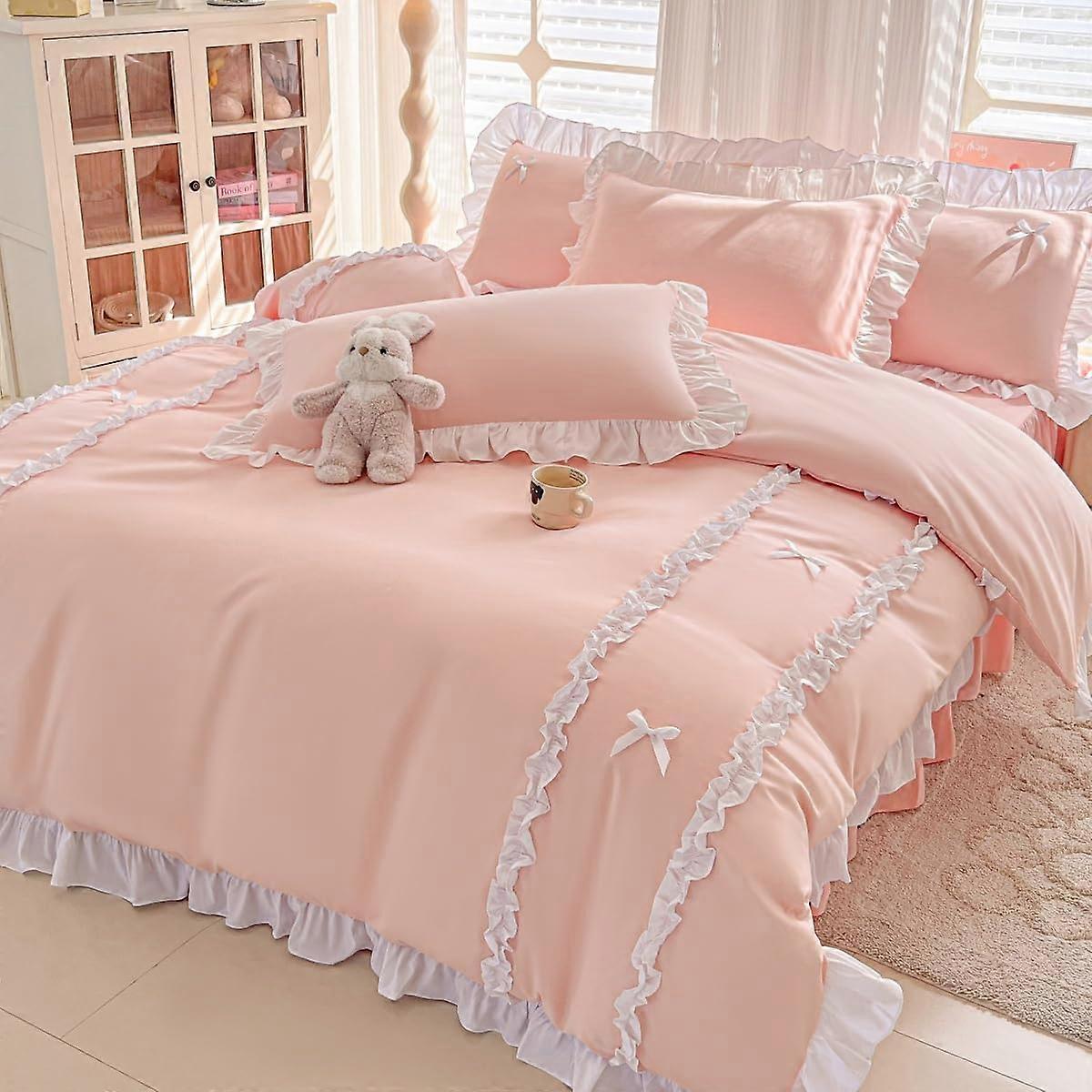 Peach Pink Duvet Cover Queen Size Set, Extra Soft Microfiber with Elegant Bow Ruffles, Zipper Closure, 3 Pieces with Corner Ties
