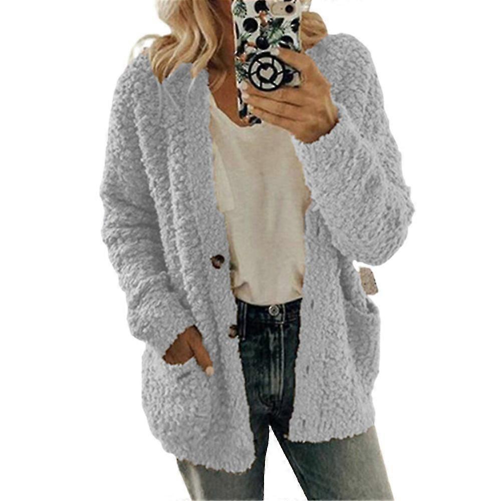 Women's Warm Plush Winter Jackets Long Sleeve Cardigans With Pockets Solid Color