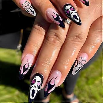 Halloween French Tip Press On Nails Long Almond Pink Acrylic Ghost and Flame Design 24pcs