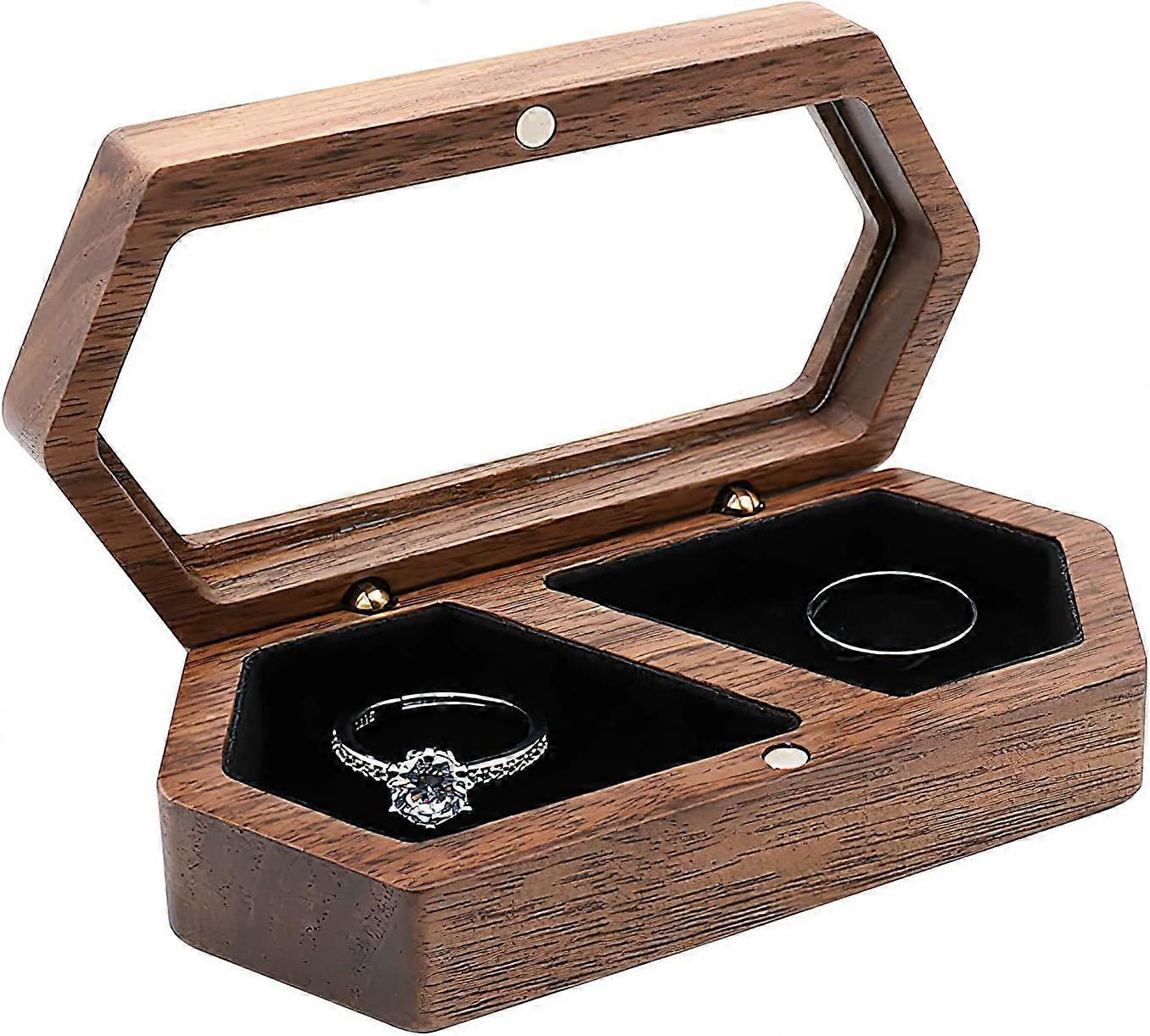 Walnut Wood Wedding Ring Box with Soft Velvet Inner Support