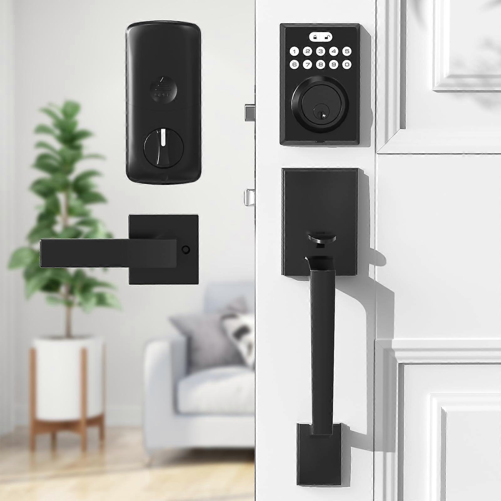Keyless Entry Door Lock with Handle Set, Matte Black Electronic Deadbolt Lock with Keypad, AntiPeep Password and Auto Lock