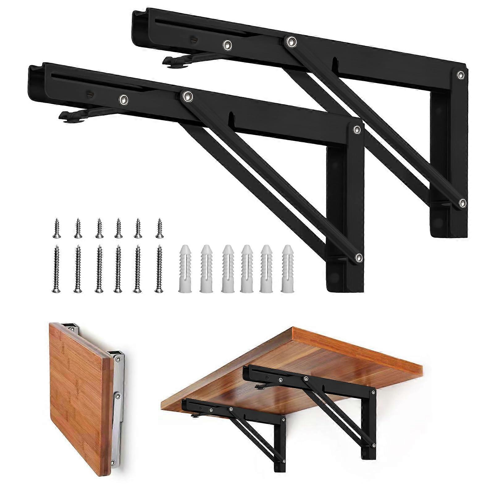 Folding Shelf Brackets Heavy Duty 10 Inch Wall Mounted 150 lb Space Saving Collapsible Black 2PCS