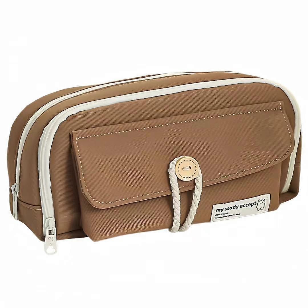 Large Capacity Pencil Case with 4 Compartments, Durable Canvas Brown Organizer for School and Office