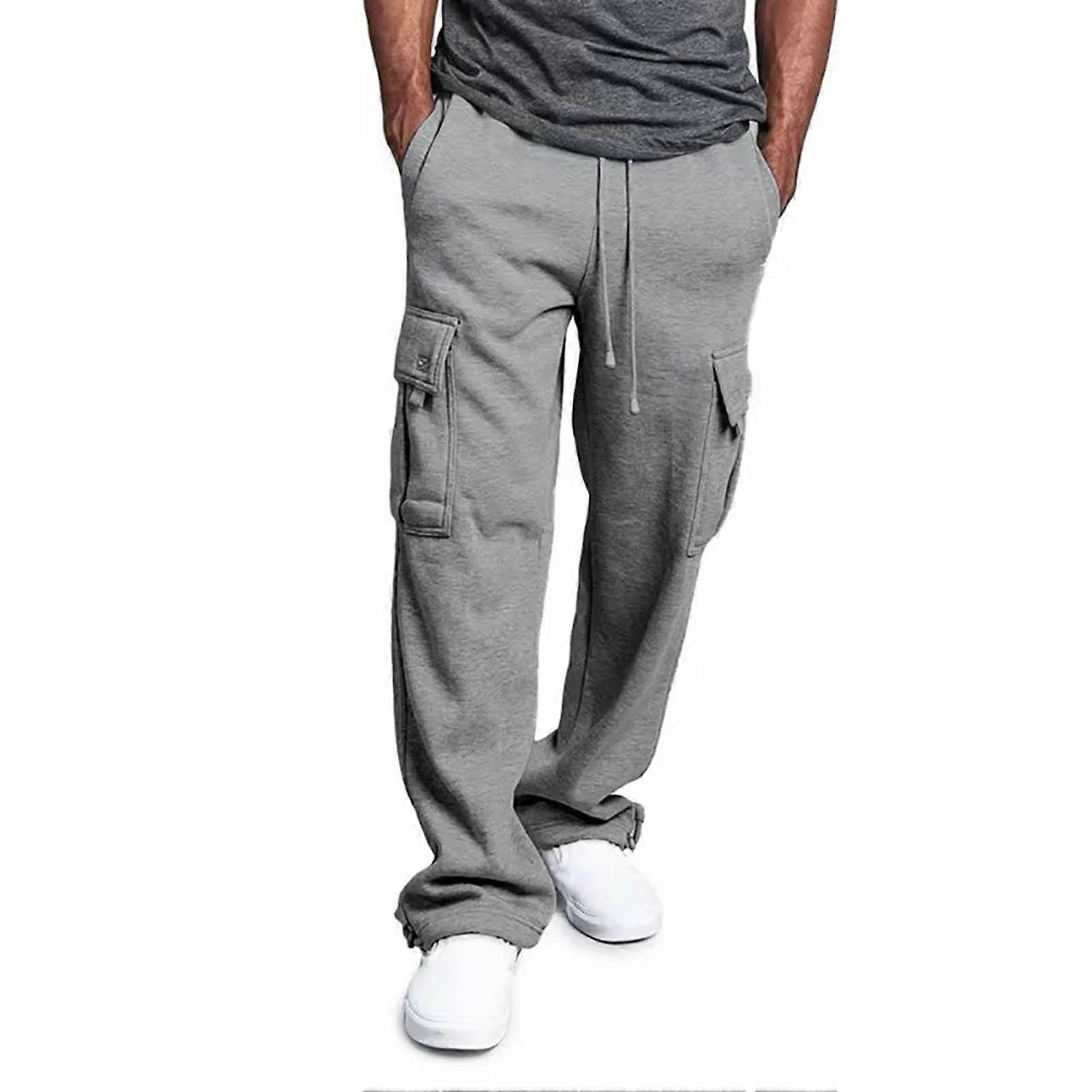 Men Cargo Pants Elastic Waist Adjustable Drawstring Casual Overalls with Multi Pockets Solid Color