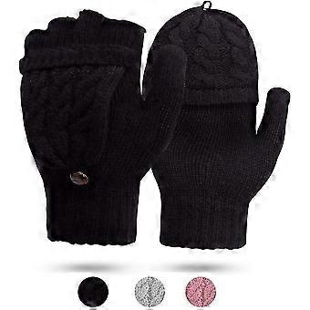 Warm Knit Fingerless Gloves for Women - Wool Mittens with Flap Cover