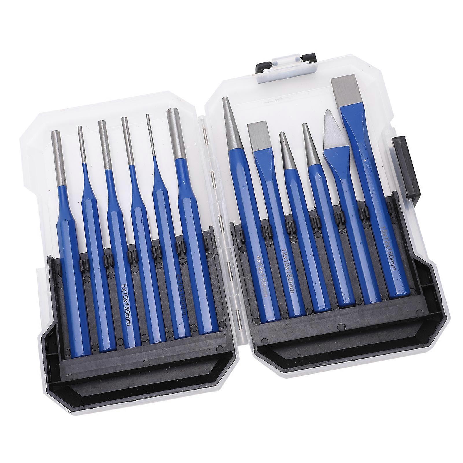 12Pcs Chisel Punch Kit Conical Cylindrical Flat Type Blue Handle Engraving and Punching Tools