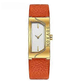 MOKAGO Damesmodehorloge - Gouden kast met oranje leren band | Minimalistische witte wijzerplaat | Elegant uurwerk voor elke gelegenheid