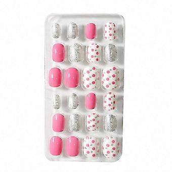 24pcs Kids Press On Nails Set Pink White Silver Easy Apply Full Cover Colorful Nail Art Gift for Girls