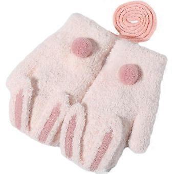 Children's knitted gloves with velvet and thickened cold-proof bunny halterneck gloves,Light Pink