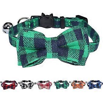 Cat Collar Breakaway with Bell and Bow Tie Safety Buckle Plaid Pattern Adjustable 7-11 inches for Kitten Cats (Green)