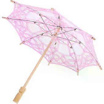 Pink Lace Parasol Umbrella with Wooden Handle for Weddings, Photography