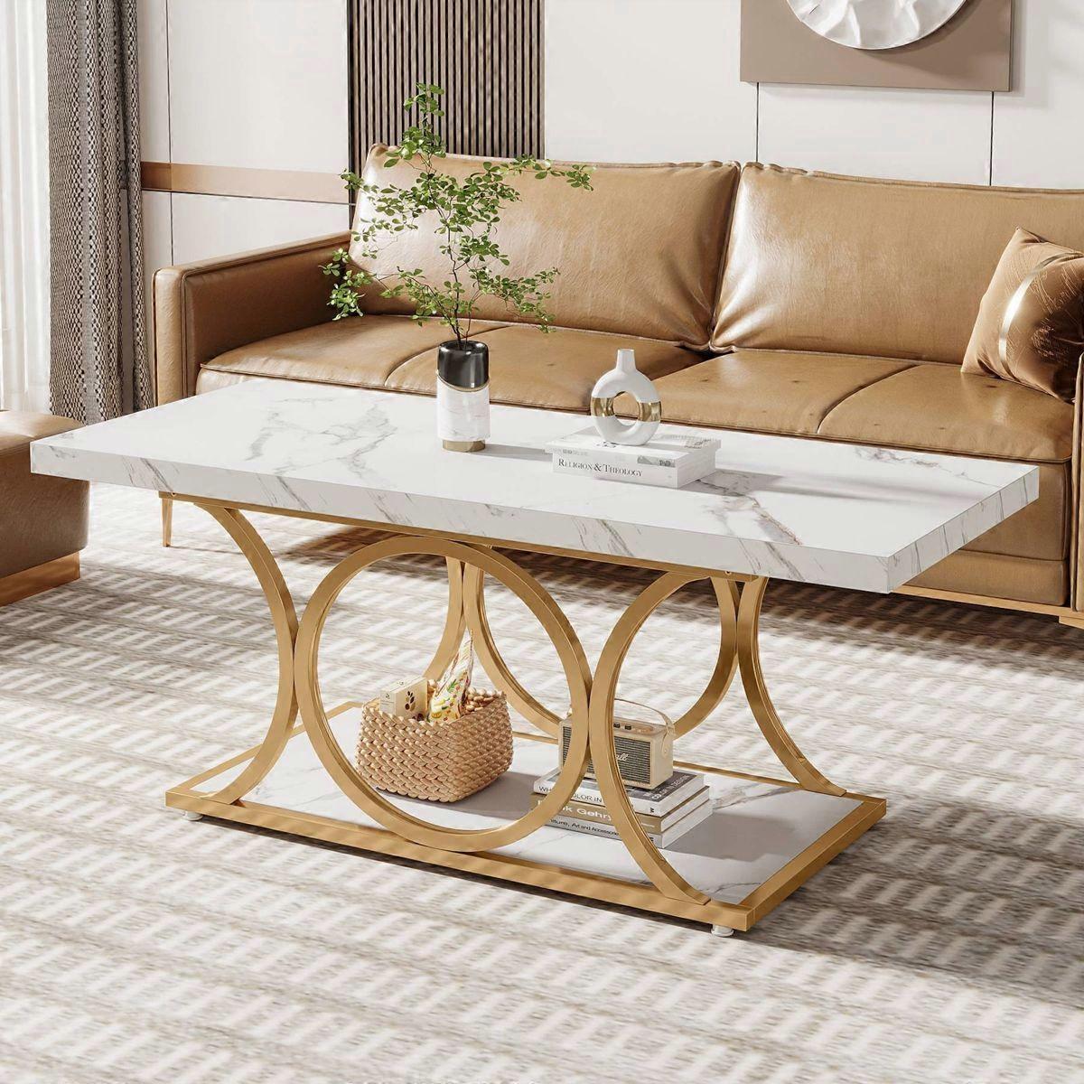 Rectangular coffee table, 120cm center table with artificial marble top