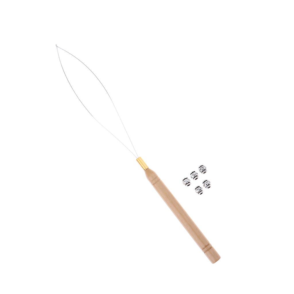 5Pcs Hair Braid Bead Hair Extensions Decoration + Wire Pulling Hook Tool 09