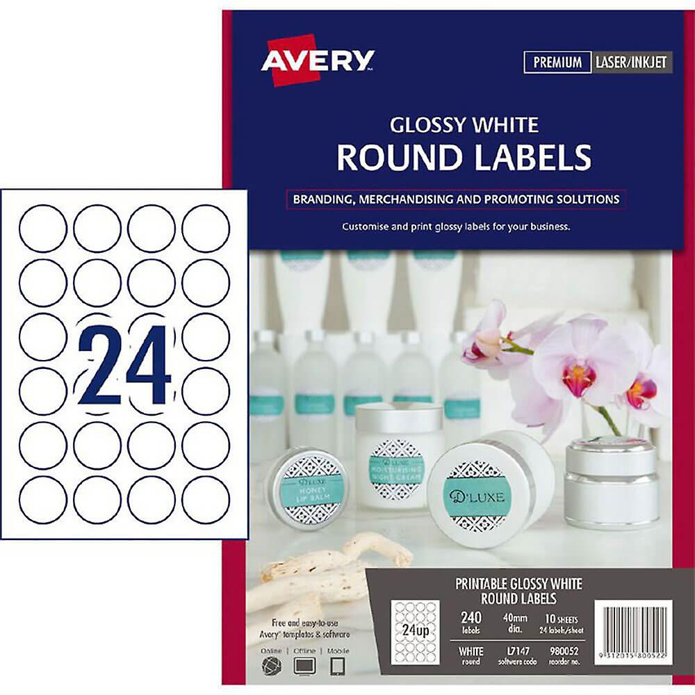 Avery Laser Inkjet Round Labels 240 Pieces 40mm Gloss White Permanent Adhesive