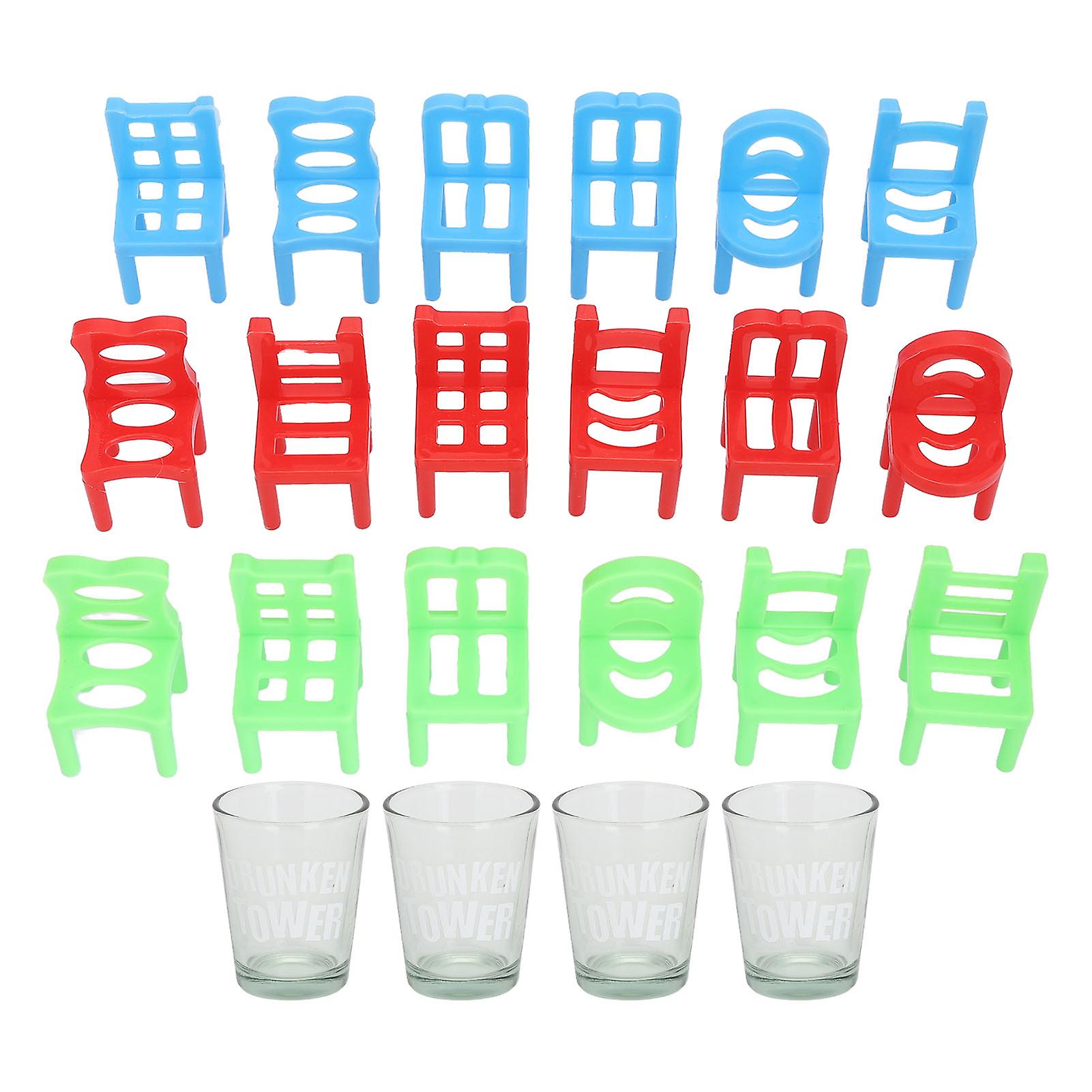 18 Plastic Chairs & 4 Glass Cups Stacking Tumbling Drinking Game Set