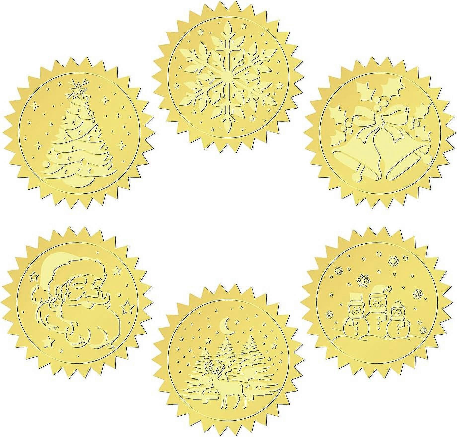 6 Styles Christmas Gold Foil Embossed Stickers Snowflake Bell Snowman Xmas Tree Santa Claus Elk 2 Inch Certificate Embossed Sealing Decal Round Label