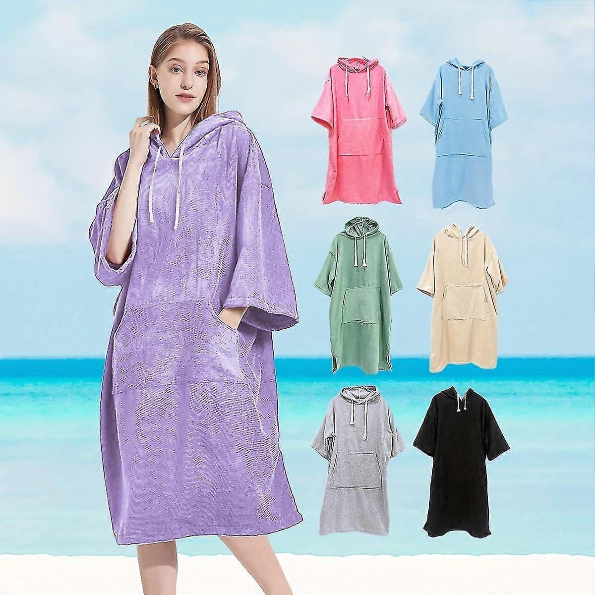 New style 1pc Microfiber Solid Color Bathrobe, Long Sleeve Wearable Hooded Towel, Soft Beach Wrap To