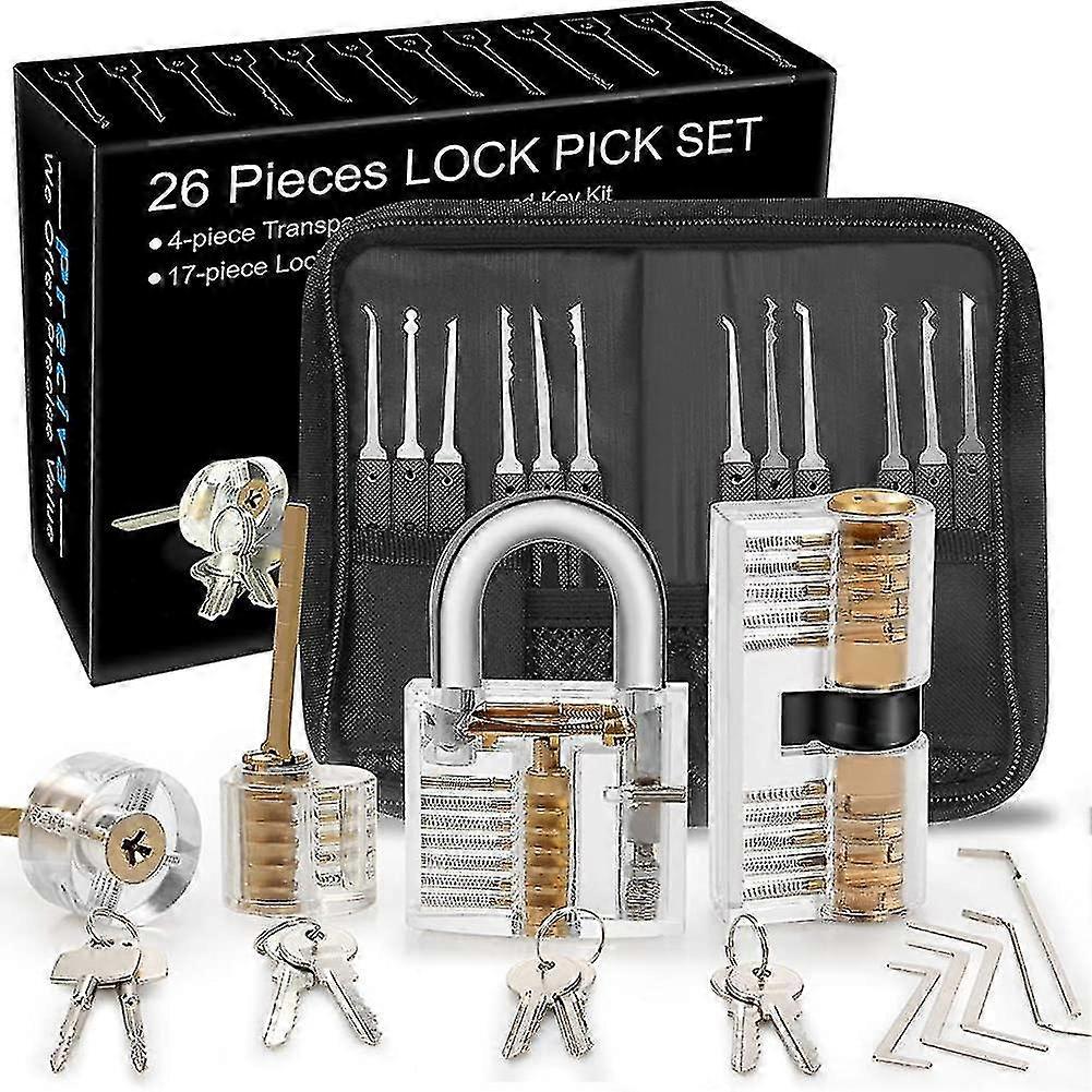 26-Piece Lock Picking Kit with 4 Clear Locks Practice Tools