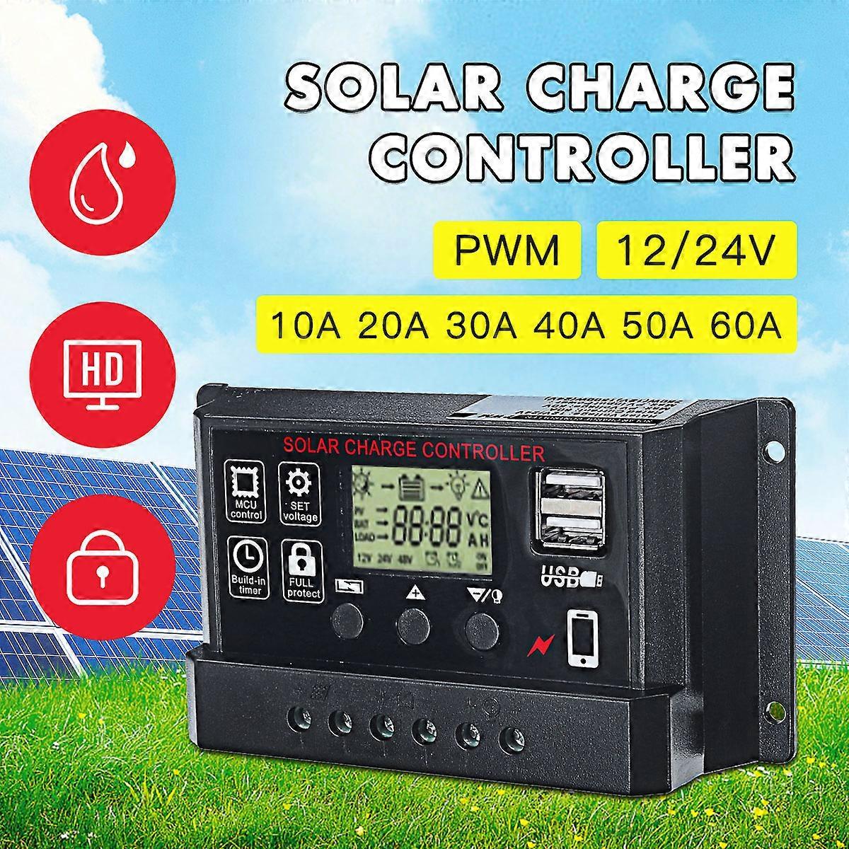 10/20/30/40/50/60A Solar Charge Controller Large LCD Display Adjustable Auto Solar Controllers Full 4-stage PWM Charge 12/24V