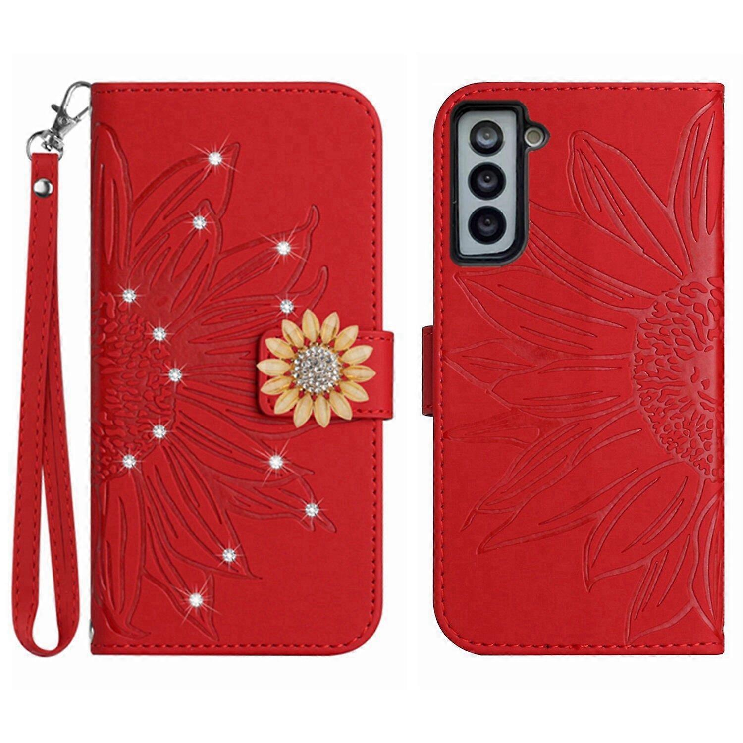 Compatible With Samsung Galaxy S21 Embossed Sunflower with Diamonds Magnetic Card Holder Wallet Phone Case with Short Strap